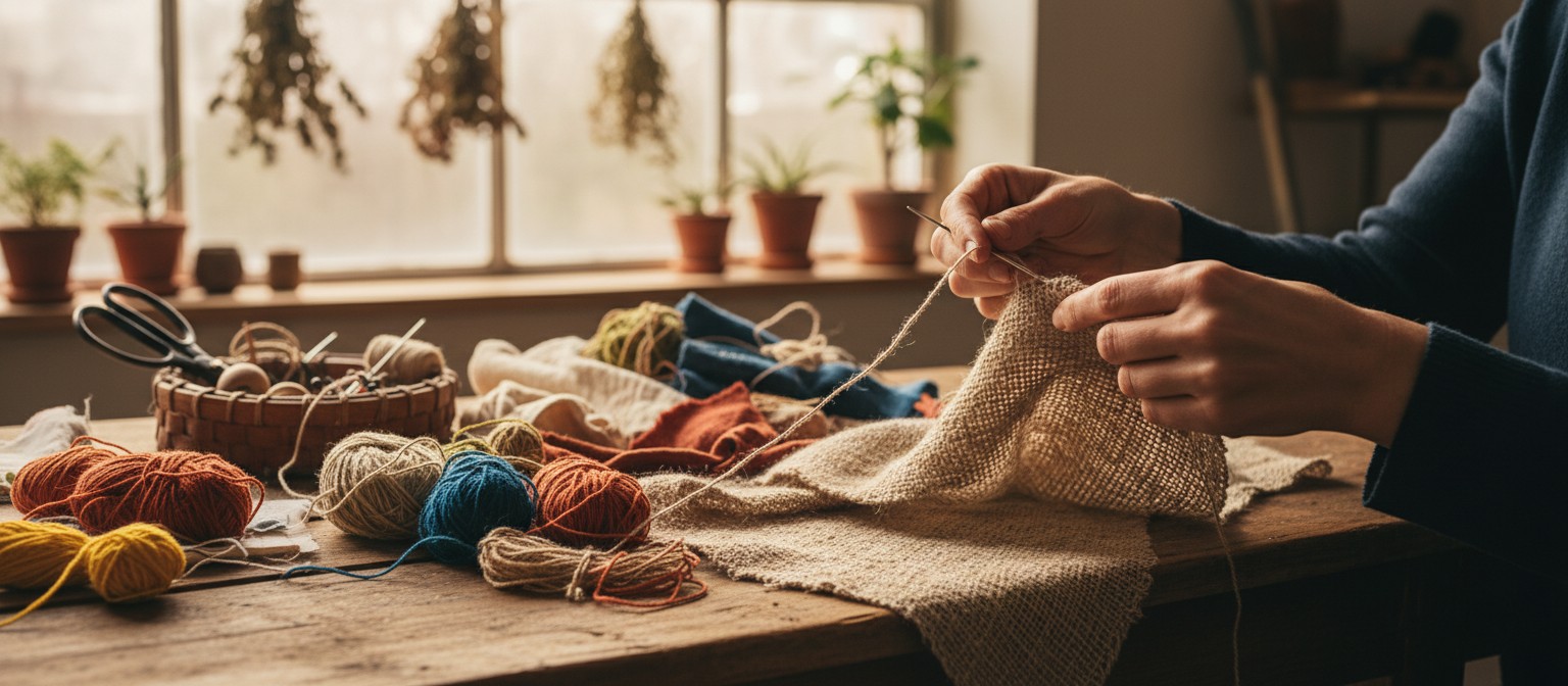 İpliklerle tekstil parçasını onaran ve yeniden değerlendiren kişi