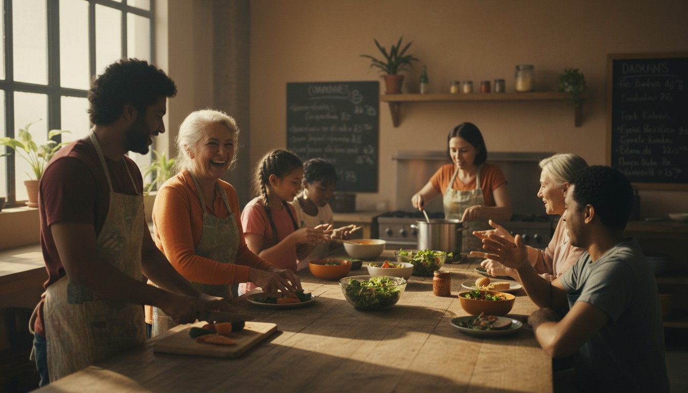 Farklı yaşlardan insanların birlikte yemek hazırladığı topluluk ortamı