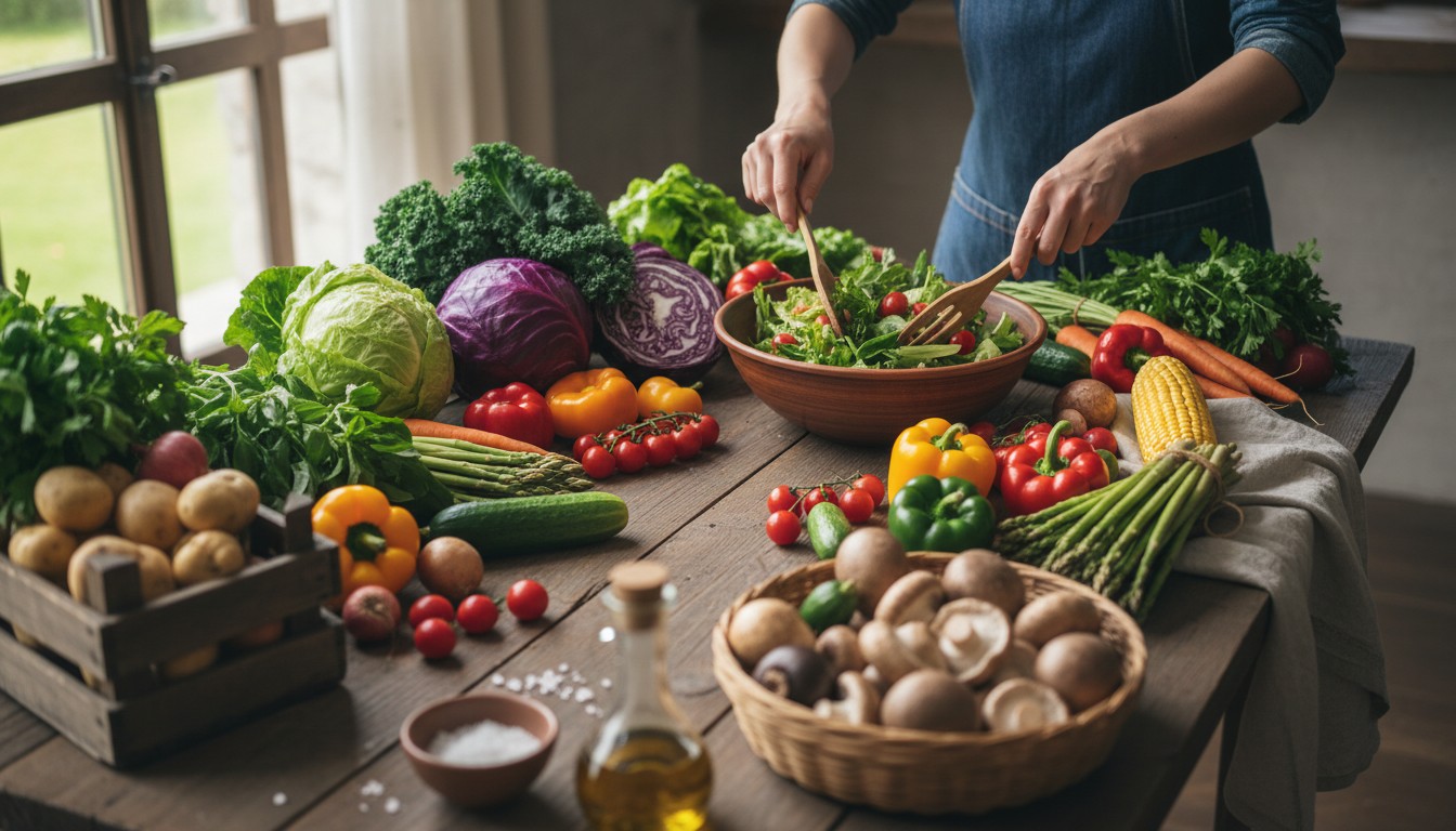 Taze sebzelerle salata hazırlayan kişi